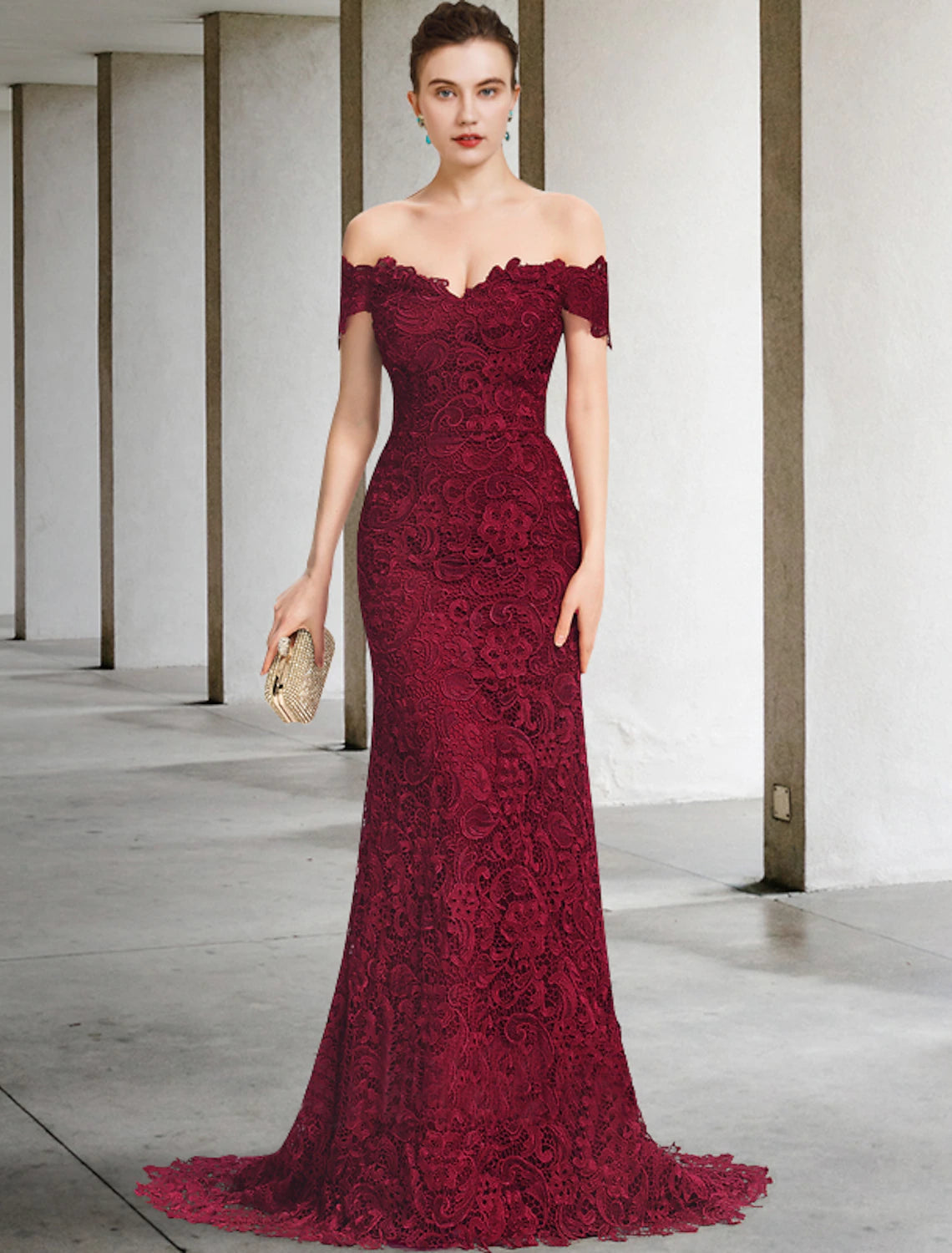 Wholesale  Mermaid / Trumpet Mother of the Bride Dress Elegant Off Shoulder Sweep / Brush Train Lace Short Sleeve with Appliques